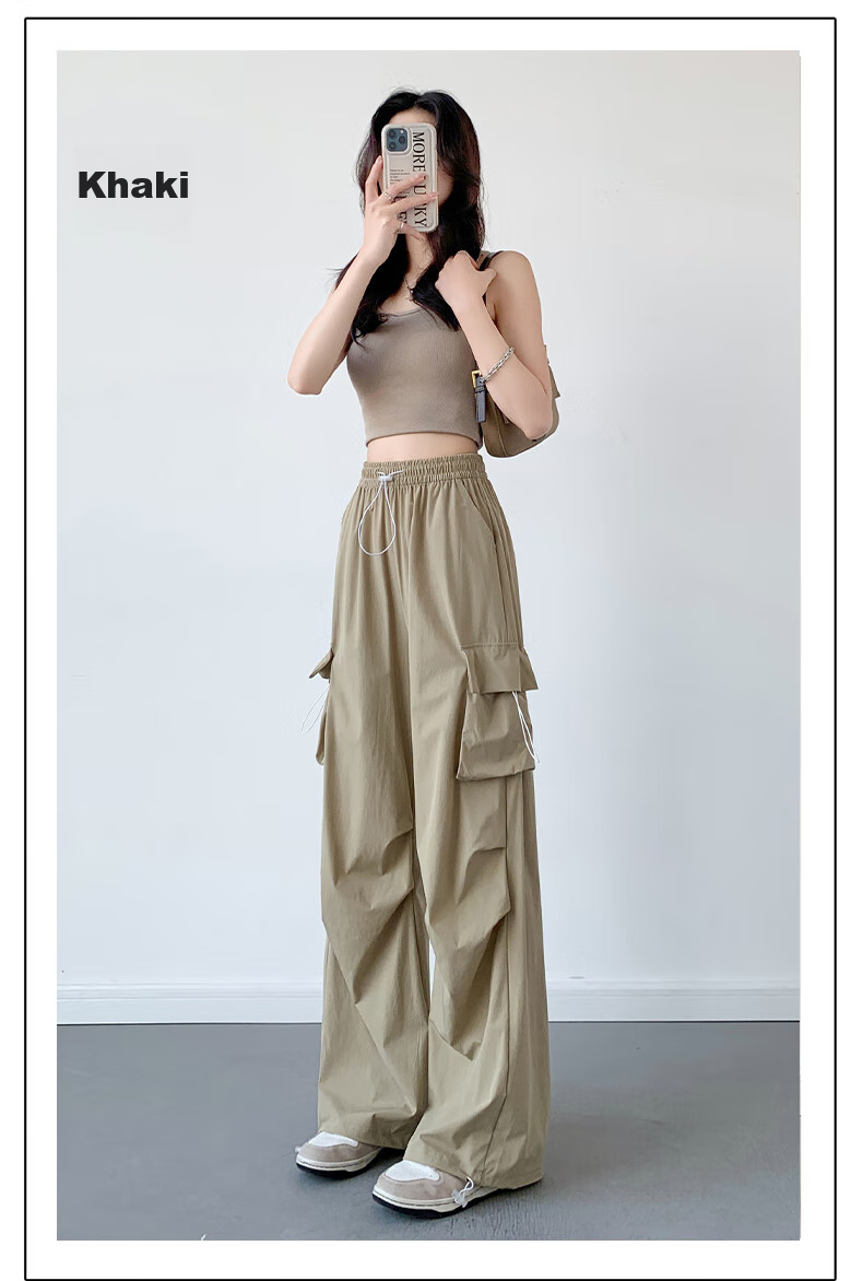 LangSha American-Style Parachute Cargo Pants for Women, Summer Ice Silk High-Waist Wide-Leg Loose Casual Quick-Dry Outdoor Sports Pants 50