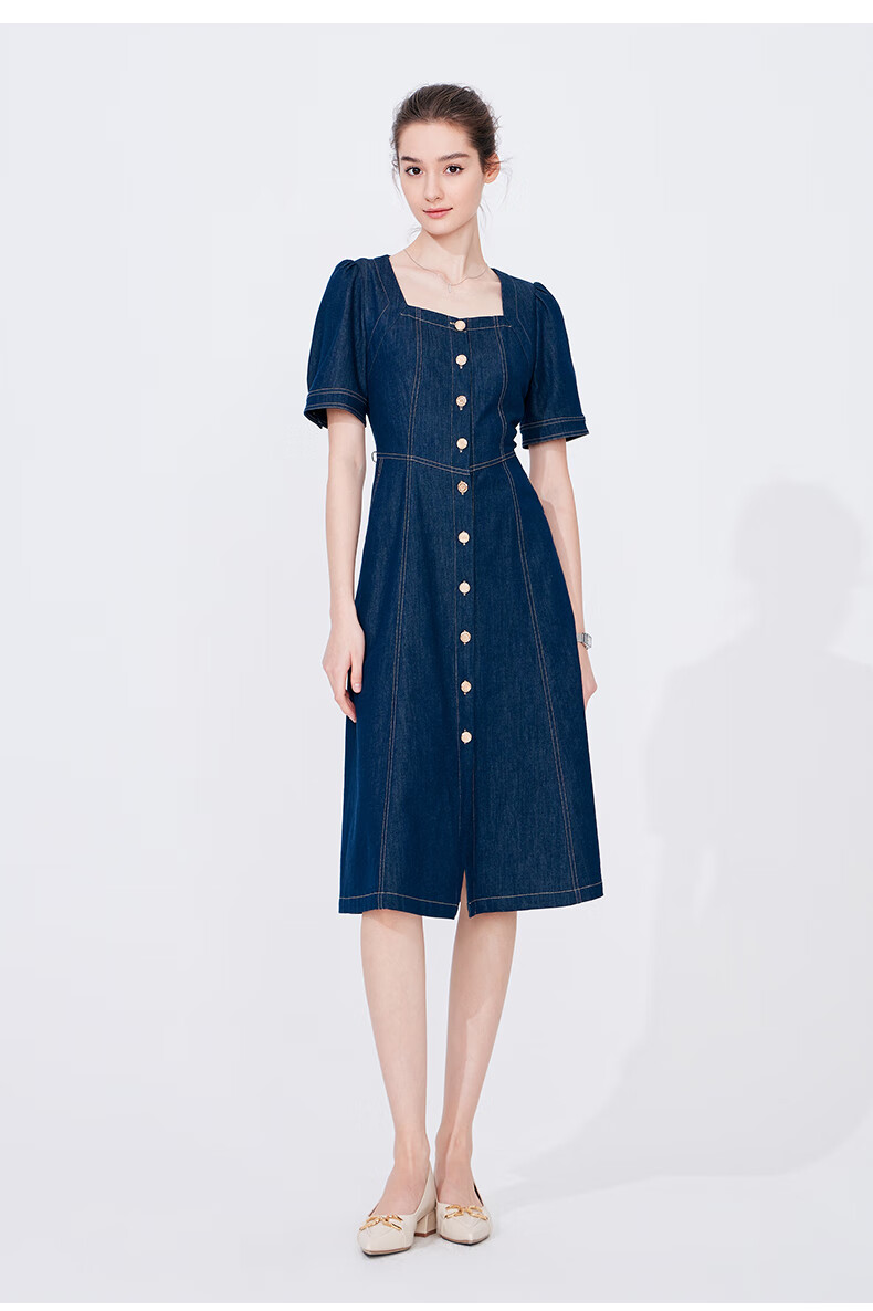 Navigare Women's Vintage Square Neck Denim Skirt, Waist-Cinching Slim-Fit Short-Sleeve Dress 2322874526 11