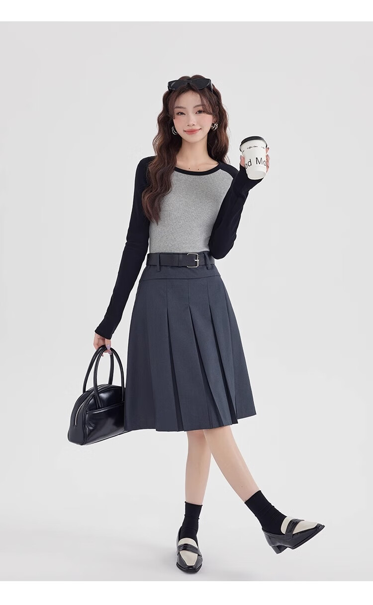 NOME Color Block Spliced Long Sleeve T-Shirt for Women, Autumn New Style Design Inner Layer Raglan Sleeve Top, Gray, L 15