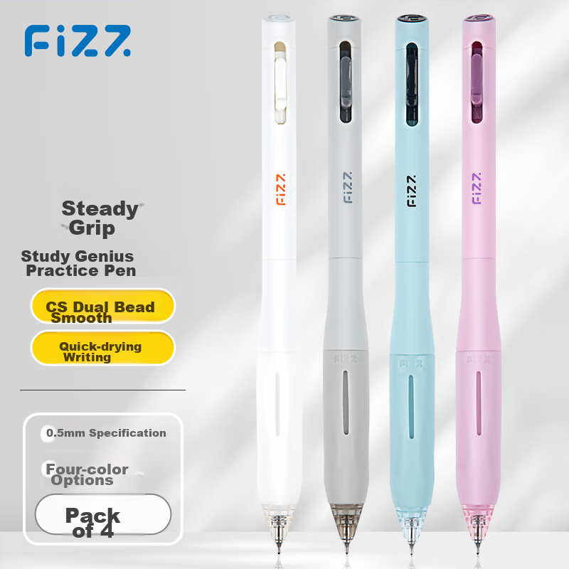 Fizz Quick-Drying Retractable Gel Pen, Stylish Design, 0.5mm Low Center of Gravity, Double Steel Ball CS Tip, Large Capacity Office Signing Pen, Back-To Exam Pen, 4-Pack B73003