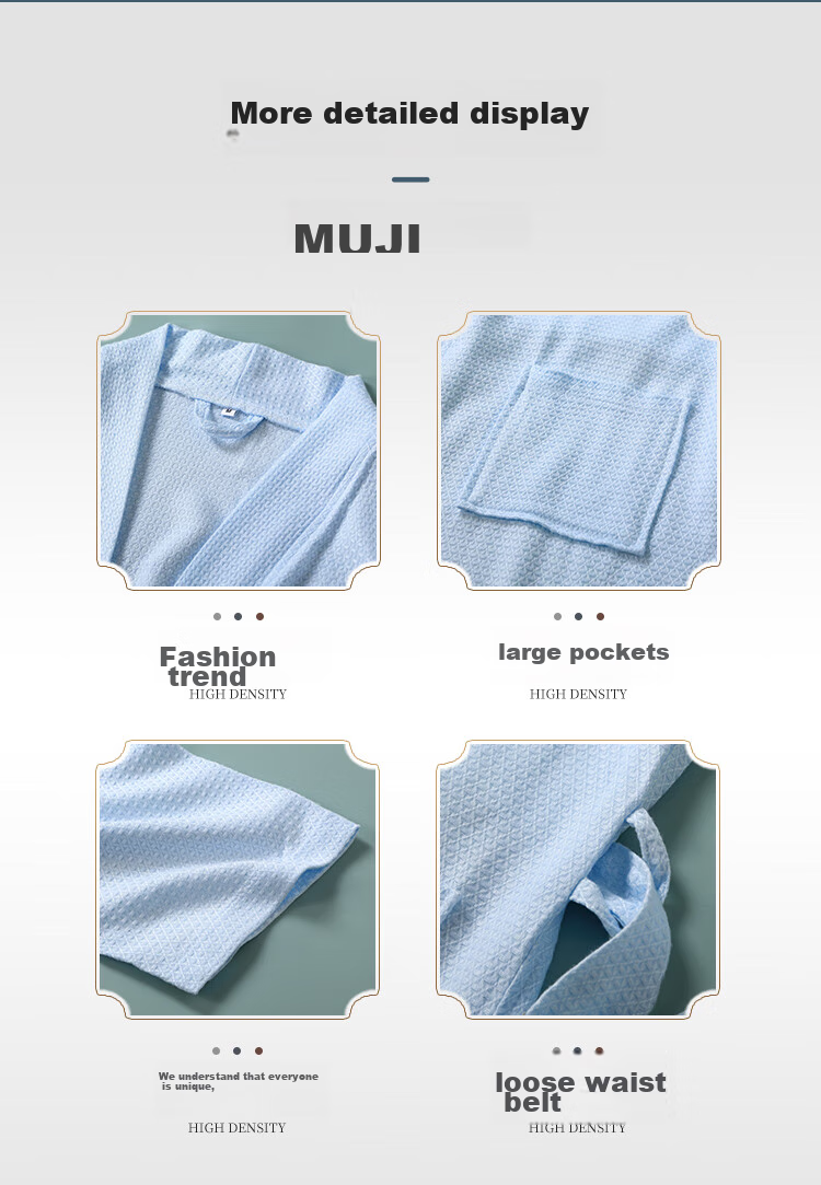 Zhuyibai Bamboo Fiber Bathrobe Spring Summer Unisex Sleepwear Loungewear Bathrobe Waffle Gauze Steaming Suit Blue M Size 5
