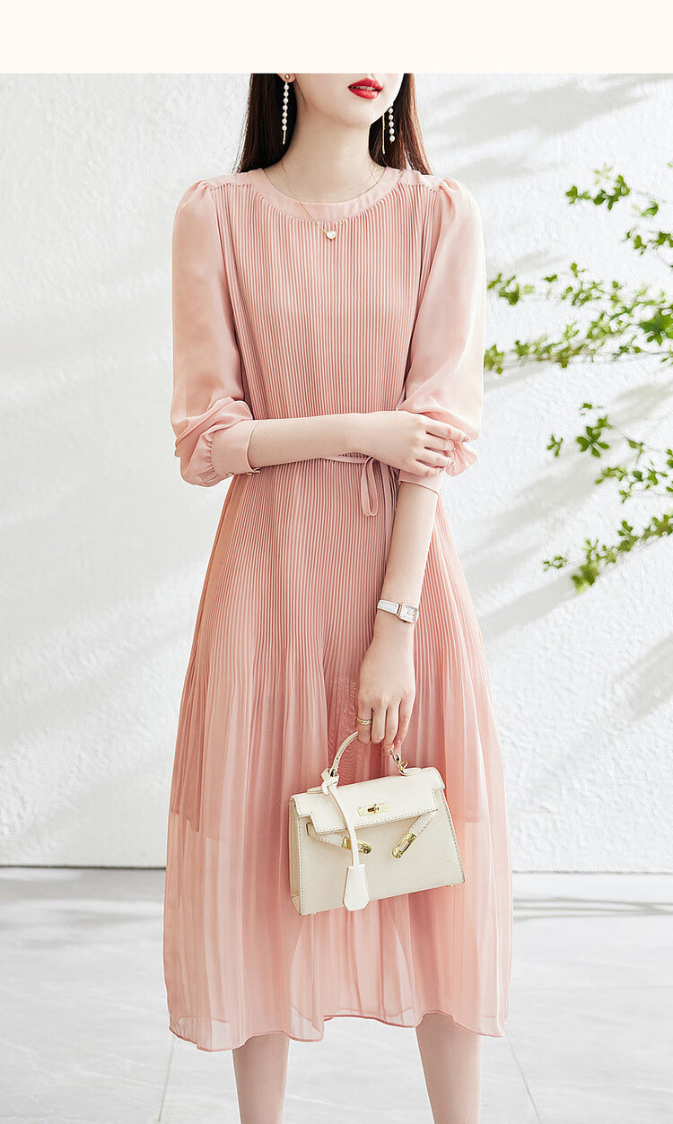 Dme [Waving Sleeve to Capture Fairy Dust] Spring And Autumn Round Neck Pleated Puff Sleeve Waist-Cinching Tie A-Line Dress for Women, Mid-Length Style 16