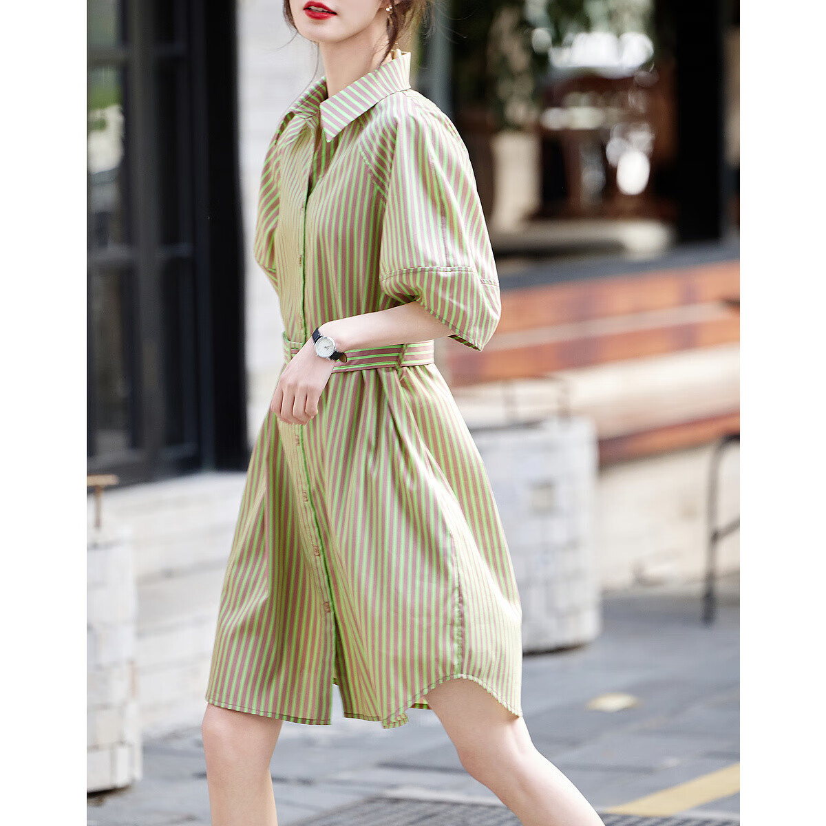 Dme [Tiansitongqin Piece] Summer French Simple Style Ceiling Lyocell Shirt Dress, Striped Waist Belt Dress