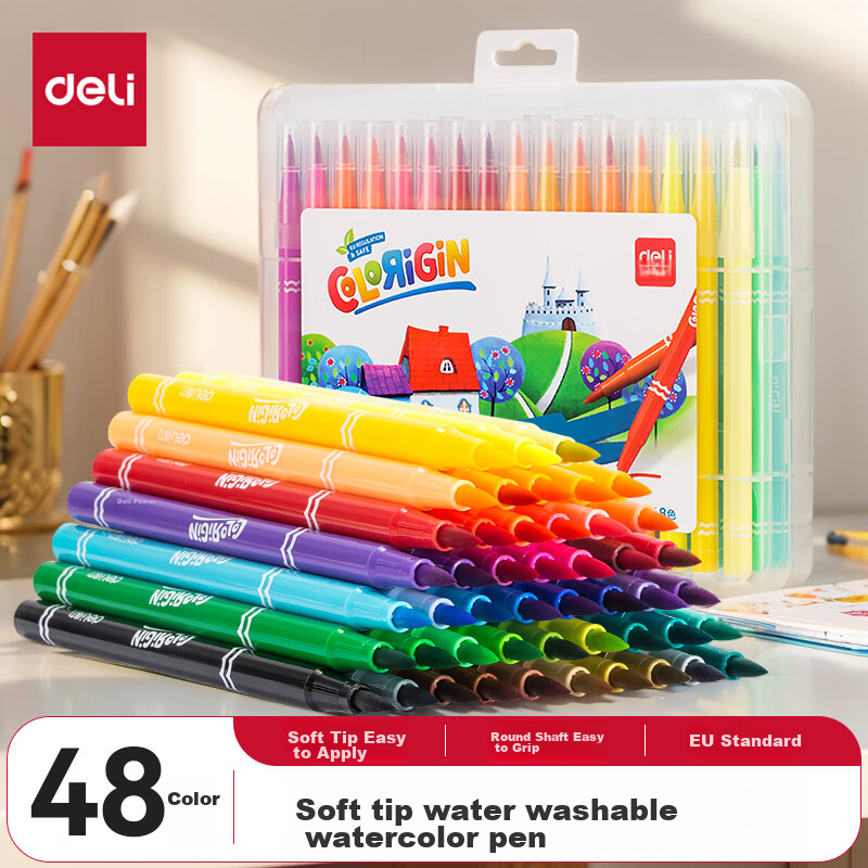 Deli 48-Color Soft-Tip Watercolor Markers for Outlining, Comic Illustration Coloring, Water-Based Pens for Coloring, Student Children's Drawing Supplies, Girls' Gifts, Graduation Gifts for Boys And Girls