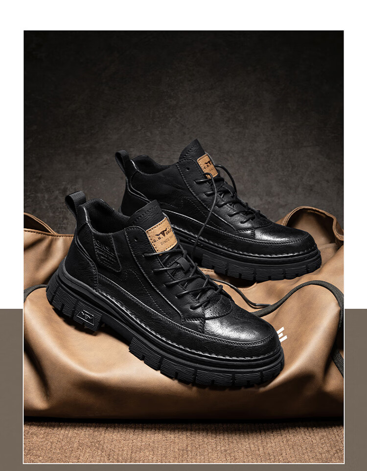 Bull Family Martin Boots Men New British Style Mid-High Casual Shoes Outdoor Fleece-Lined Warm Work Boots for Men 8