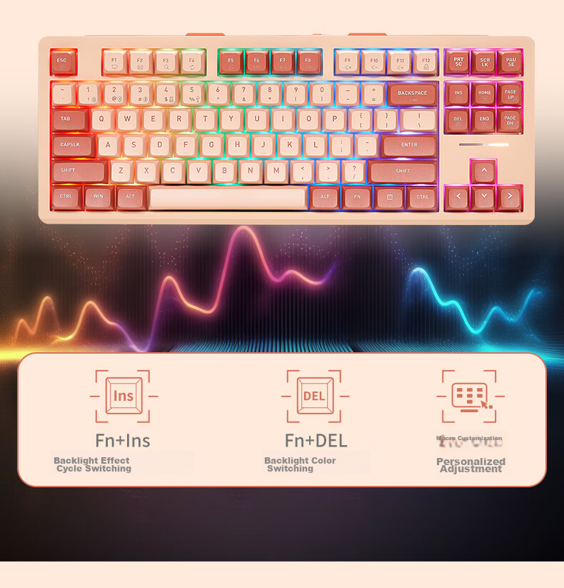 Hyeku Q3 87-Key Tri-Mode Wireless Bluetooth Customizable Mechanical Keyboard Full Hot-Swappable Gasket Structure Keyboard for Gaming And Office Use Peach Velvet Color Kailh Meme Switch 10