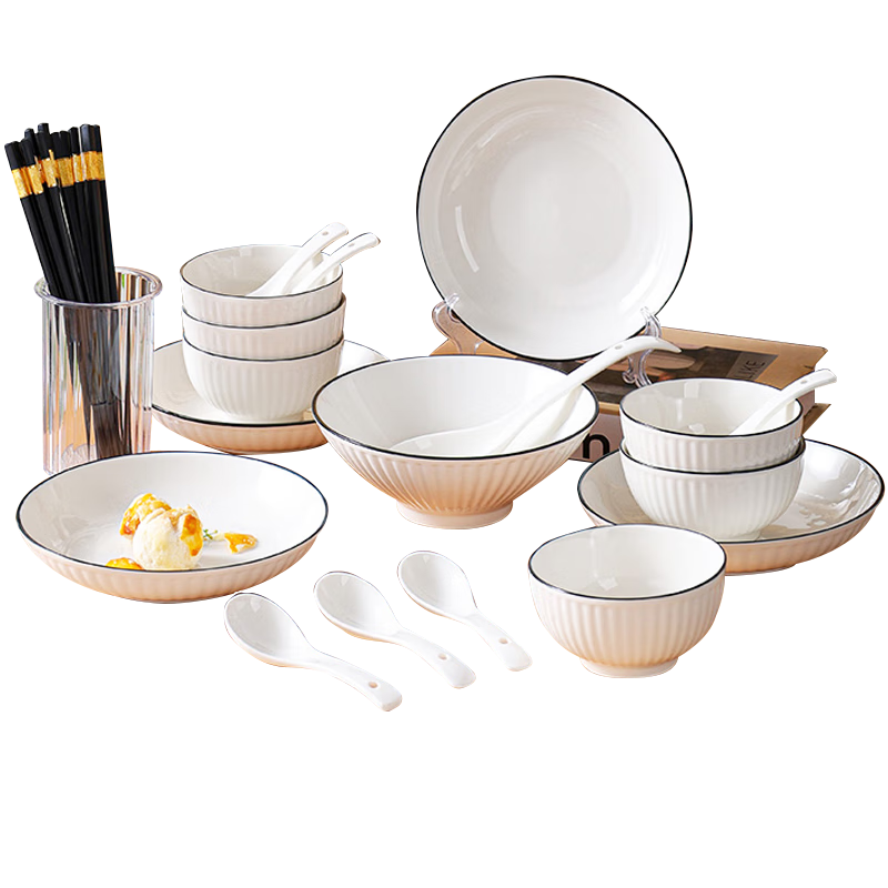 Hechuanwu 24-Piece Underglaze Color Ceramic Dinnerware Set with Vertical Black Lines - Bowls and Plates for Home Use, Housewarming Gift