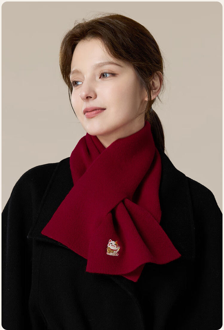 JIUMU Pure Wool Scarf for Women, Autumn And Winter Embroidered Red Warm Neck Warmer, Mid-Autumn Festival Birthday Gift 16