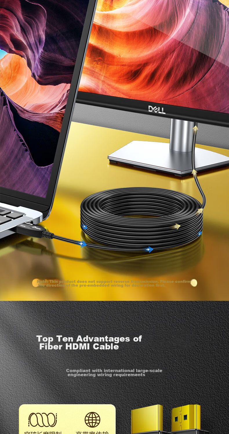 DTECH Fiber Optic HDMI Cable Version 2.0 4K60Hz Construction Renovation Cable for Computer, Office, Set-Top Box to Connect TV, Monitor, Projector Home Use 3D HD Cable 20 Meters DT-HF2020 2