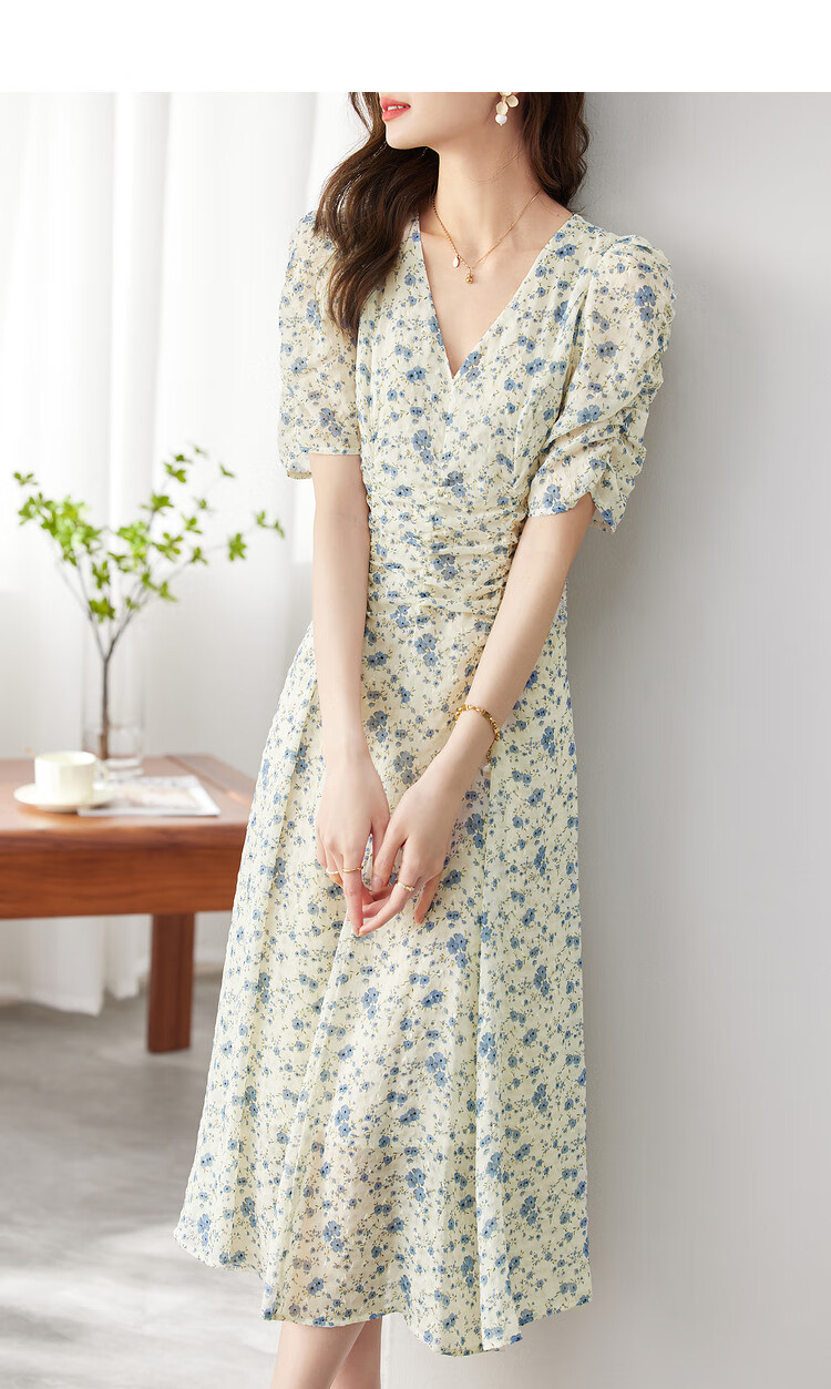 Sentubila Summer French Floral Print Dress, Puff Sleeve Tea Break Dress, Elegant Goddess Style Skirt, Apricot Base with Blue Flowers, M Size 9