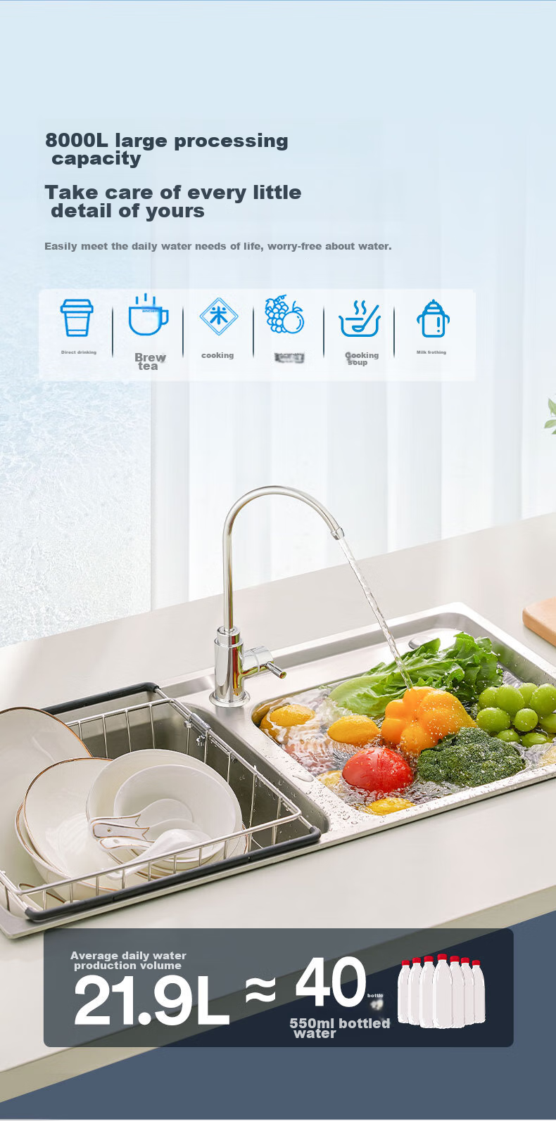 3M Water Purifier, Xiaotianyuan Home Water Filtration System, Mineral-Free Water Direct Drinking, Smart Filter, 3L/min Large Flow Rate, 8000 Liters Treatment Capacity, SW60 8