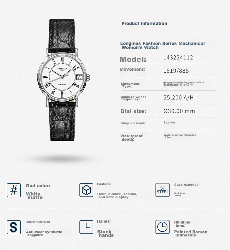 LONGINES Swiss Watch, Fashion Series, Women's Leather Strap Mechanical Watch L43224112 3
