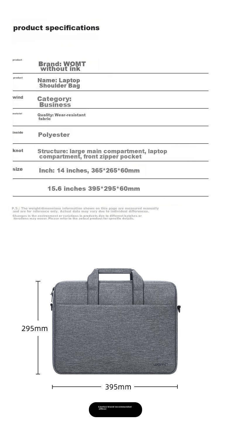WOMT Inkless Laptop Bag Handheld 15.6/16 Inch Suitable for Apple Huawei Lenovo Legion Xiaomi ASUS Dell Gaming Laptops Large Capacity Shoulder Bag for Men And Wome 10
