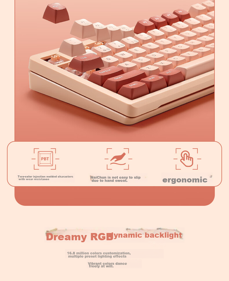 Hyeku Q3 87-Key Tri-Mode Wireless Bluetooth Customizable Mechanical Keyboard Full Hot-Swappable Gasket Structure Keyboard for Gaming And Office Use Peach Velvet Color Kailh Meme Switch 9