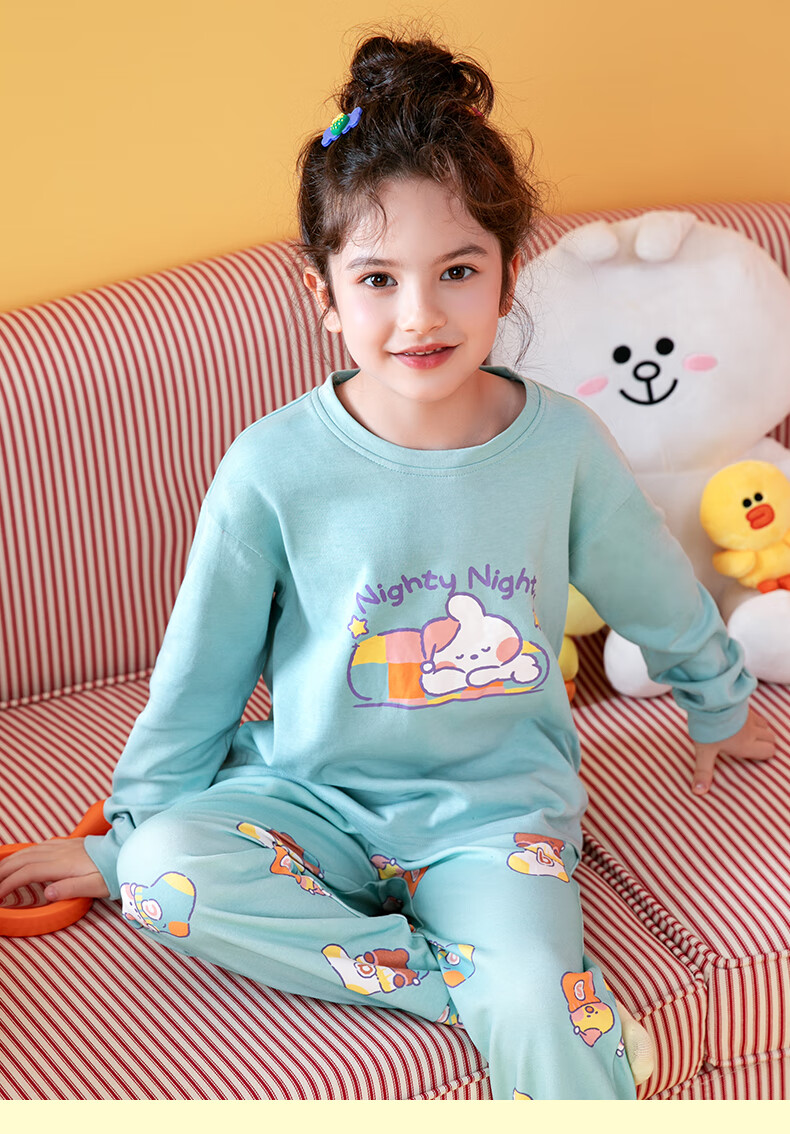 Fenteng Children's Pajamas, Girls' Brown Bear And Cony Rabbit Co-Branded Pure Cotton Sleepwear for Older Childre 36