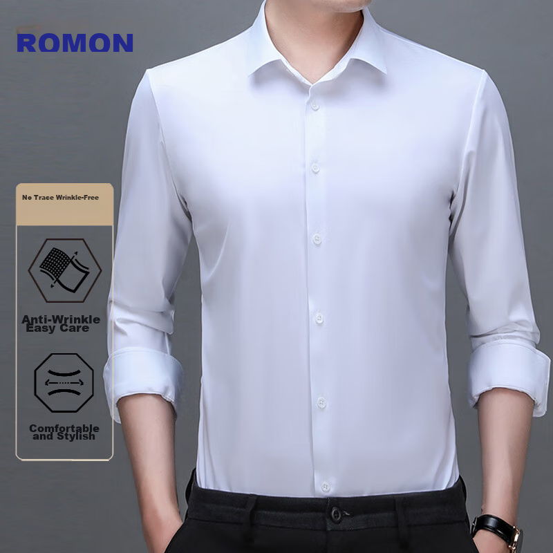 Рубашка ROMON для мужчин, без морщин, с длинным рукавом, для молодежи и среднего возраста, однотонная, деловая повседневная, эластичная, отцовский стиль