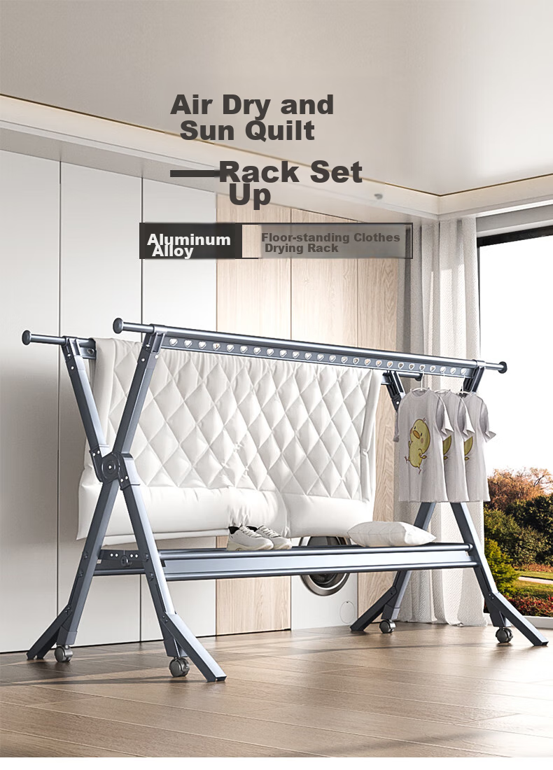 HKG Folding Aluminum Alloy Clothes Drying Rack, Extendable Indoor Balcony Household Laundry Hanger for Clothes And Quilts 2