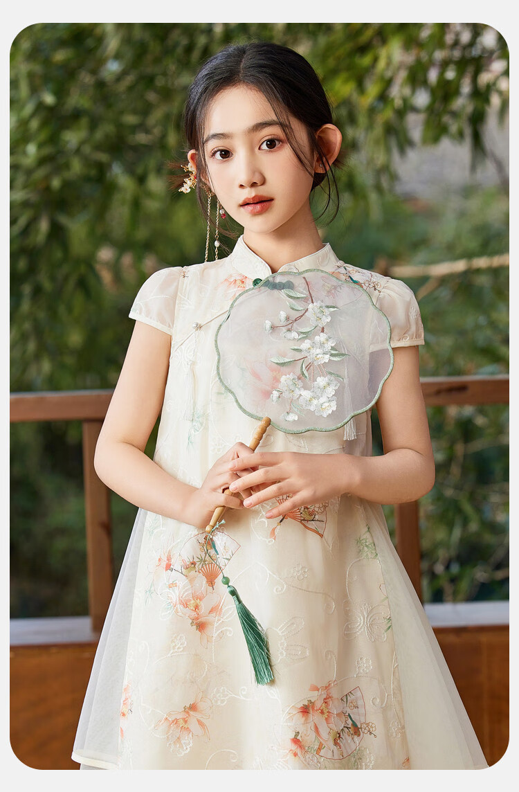 ASK JUNIOR Chinese-Style New Modern Girls' Dress, Summer Lightweight Mesh Dress, Embroidered Princess Skirt 3