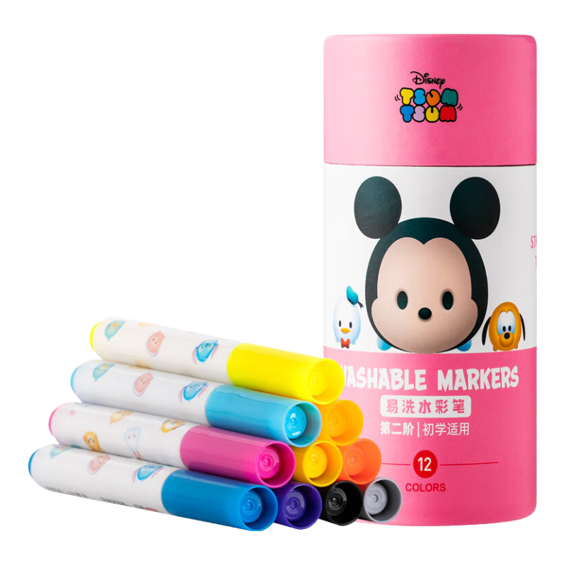 Disney Children's Watercolor Markers, 12 Colors, Conical Tip Drawing Pens, Washable for Kindergarten, Baby Painting Brushes, Gift, Mickey Mouse Drawing Set