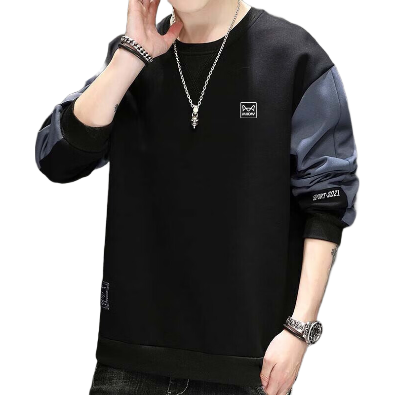 Miiow Men's Hoodie Autumn Winter Long Sleeve T-Shirt Trendy Casual Crewneck Loose Fleece-Lined Base Shirt Black 2XL