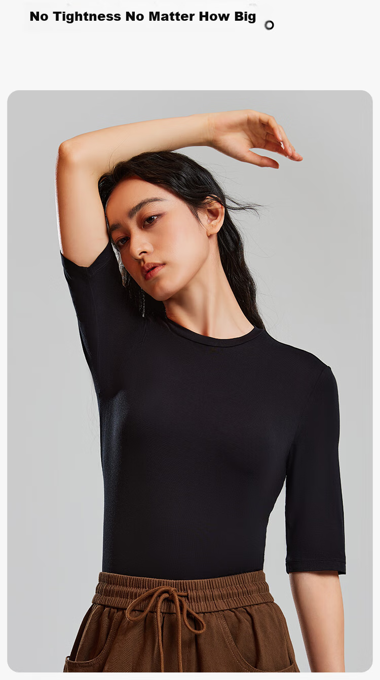 YOUKESHU Women's Base Layer, Spring Round Neck Comfortable Solid Color Inner Wear, Mid-Sleeve Top for Women, Versatile Girls' T-Shirt 7