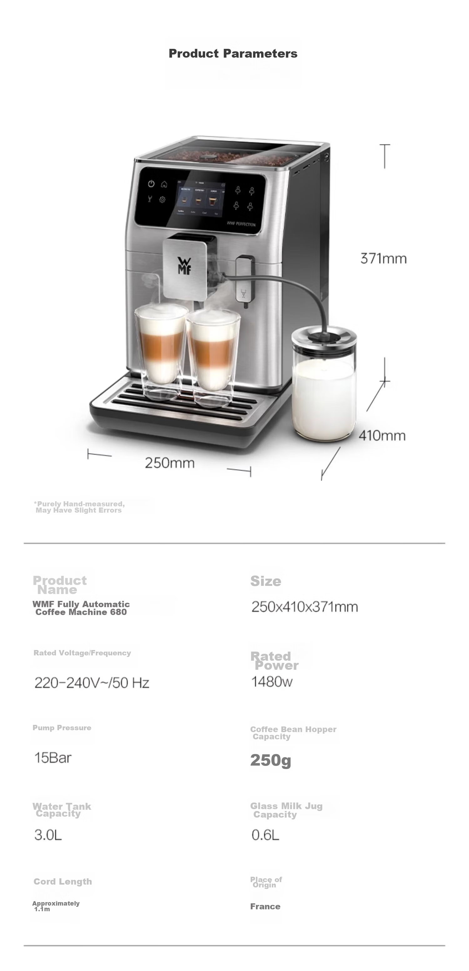 WMF Coffee Machine 650, Home Fully Automatic Coffee Maker, Imported, 48 Menu Options, One-Button Auto Cleaning, Futenbao Office Coffee Machine 19