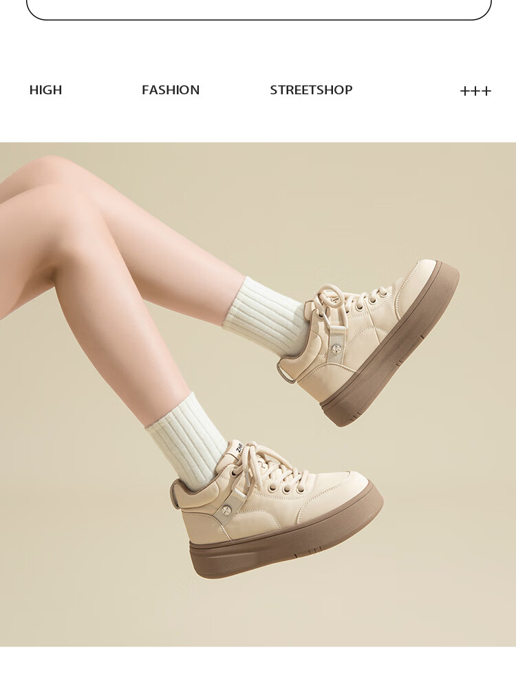 ZHR Cotton Shoes for Women, Winter Fleece-Lined Versatile High-Top Women's Shoes, Round Toe Thick-Soled Comfortable Casual Shoes for Women EJ38A Beige 39 9