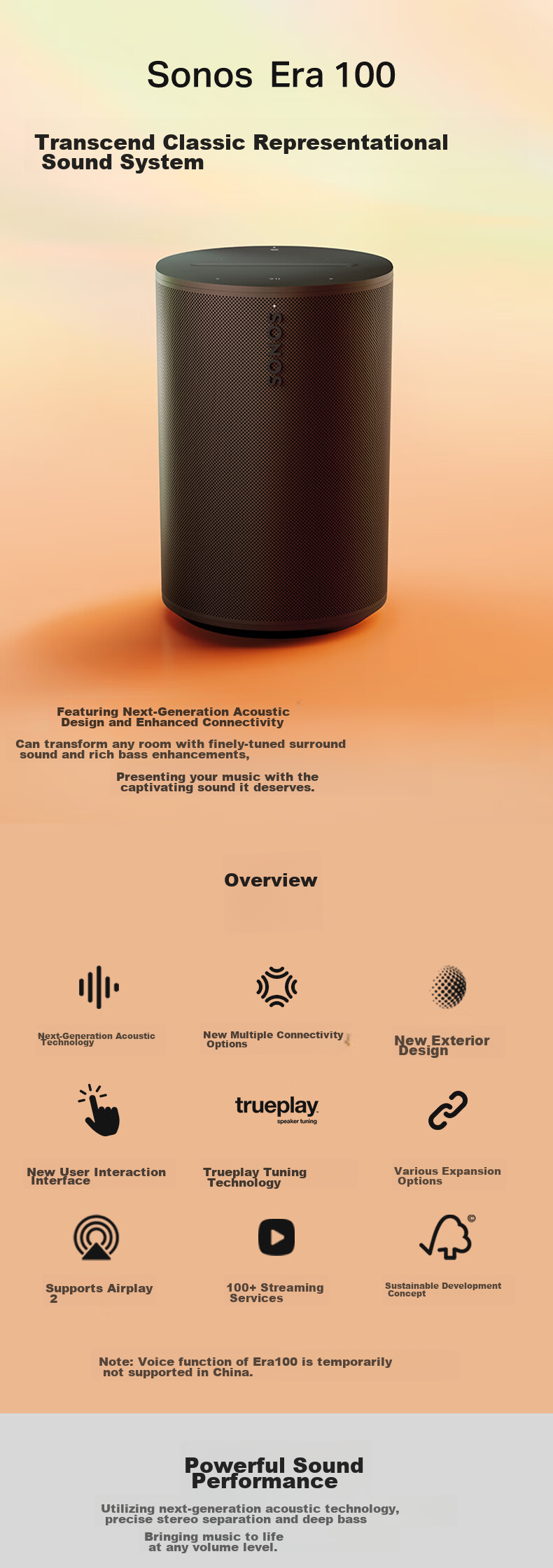 SONOS Era100 WIFI Wireless Bluetooth Speaker, Surround Combinable, Home Theater, Mini Sound System, One Upgraded Version, Home Desktop Living Room, White 2