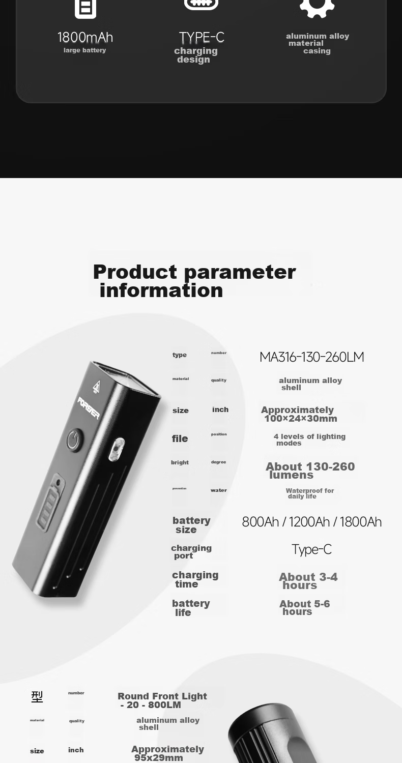 FOREVER Bicycle Front Light, Night Riding High Beam Flashlight, Rechargeable with 800 Lumens, 4 Light Modes, 2400mAh Battery 2