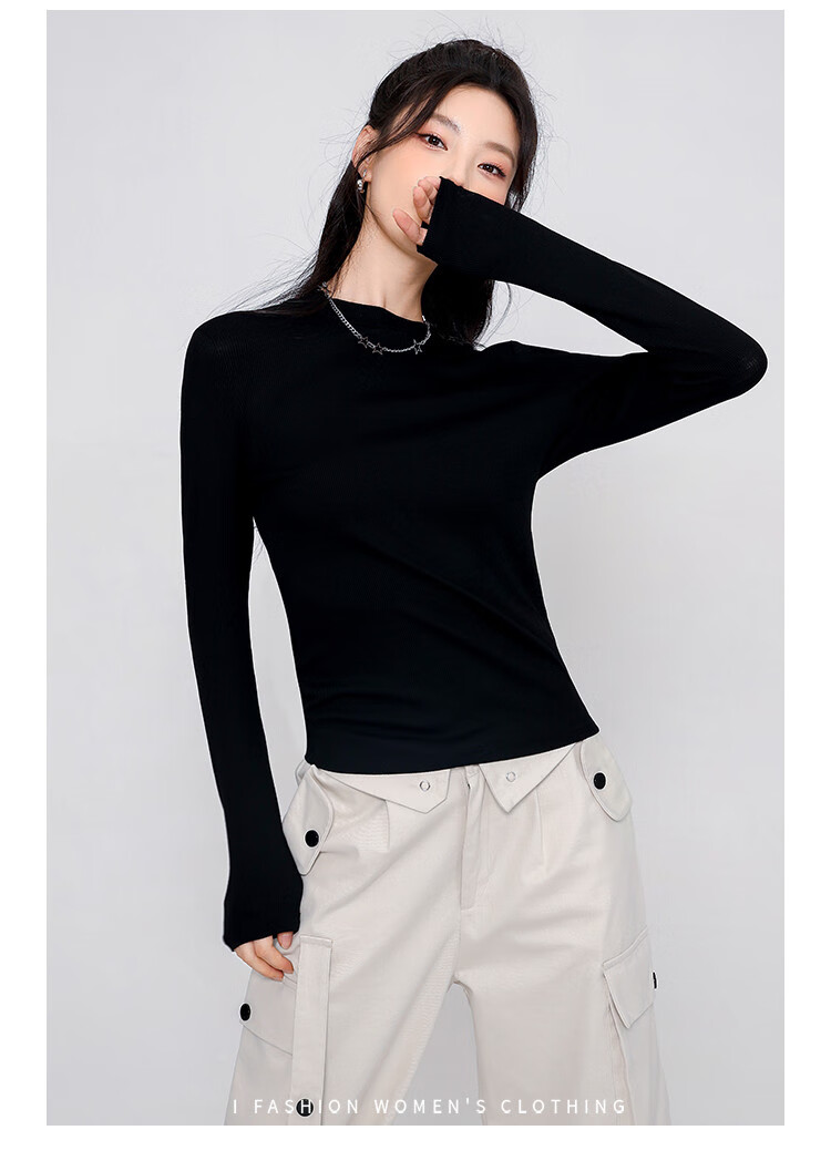 TUCANO Women's Base Layer, Spring And Autumn Inner Wear, Slim-Fit Ribbed Regular Shoulder Long-Sleeve T-Shirt, Solid Color Basic Undershirt Top, Black, M 8