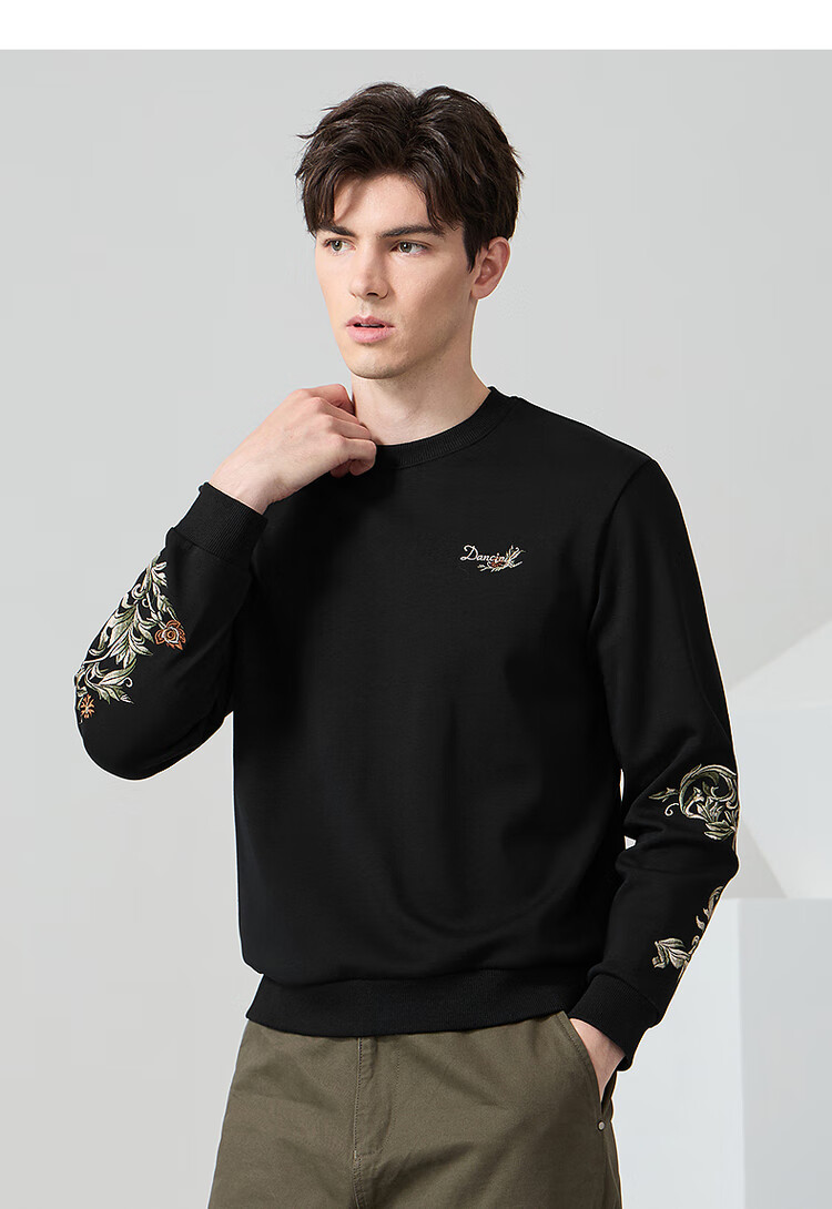 DANCING WOLVES [Fleece-Lined & Heavy Embroidery] Autumn And Winter National Trend Embroidered Crewneck Warm Men's Sweatshirt, 706 Light Khaki, Size 180 4