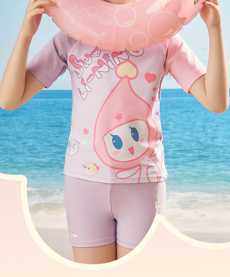 Li-Ning Children's Swimsuit, Girls' Two-Piece Sports Swimwear, Cartoon Design, Skin-Friendly, Quick-Drying, Swimming Costume, 903 Lavender Purple, Size 120 3
