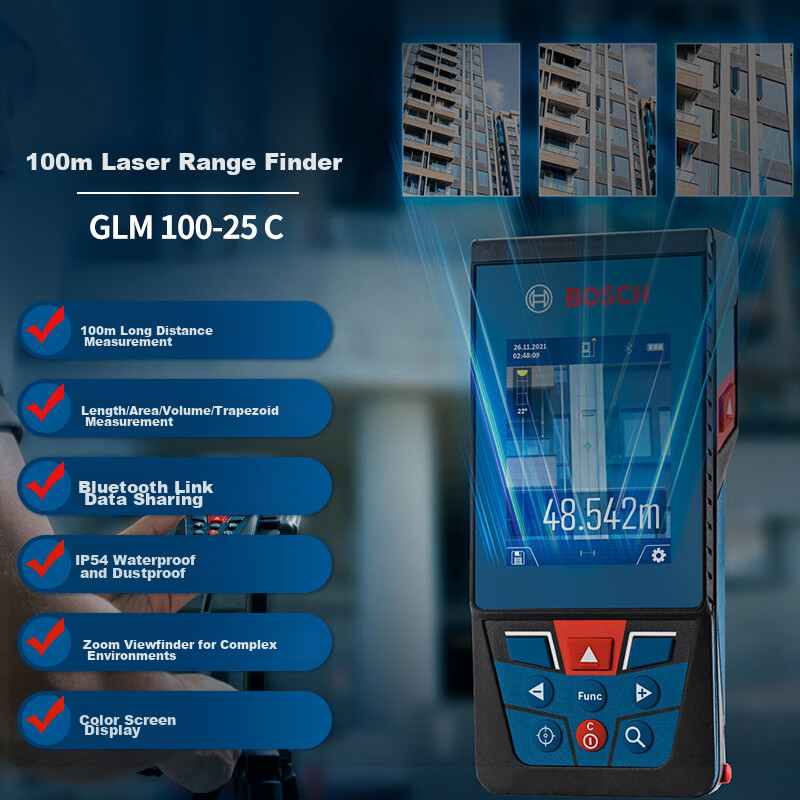 BOSCH Professional 100-Meter Outdoor Infrared Laser Rangefinder, Electronic Measuring Device, Laser Ruler GLM 100-25 C