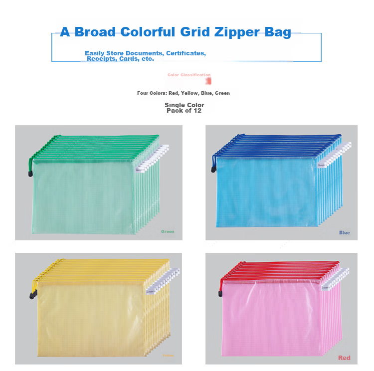 GuangBo 12-Pack A4 Waterproof Mesh Zipper Document Bags / Colorful File Folders, Random Single Color A6112 4