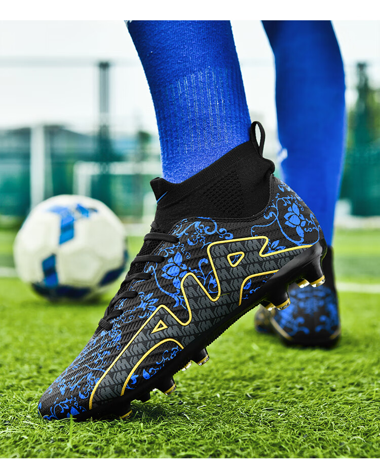 Double Star Bate Men's FG Soccer Shoes High-Top Training Shoes Professional Artificial Grass Adult Match Black Blue Size 44 10