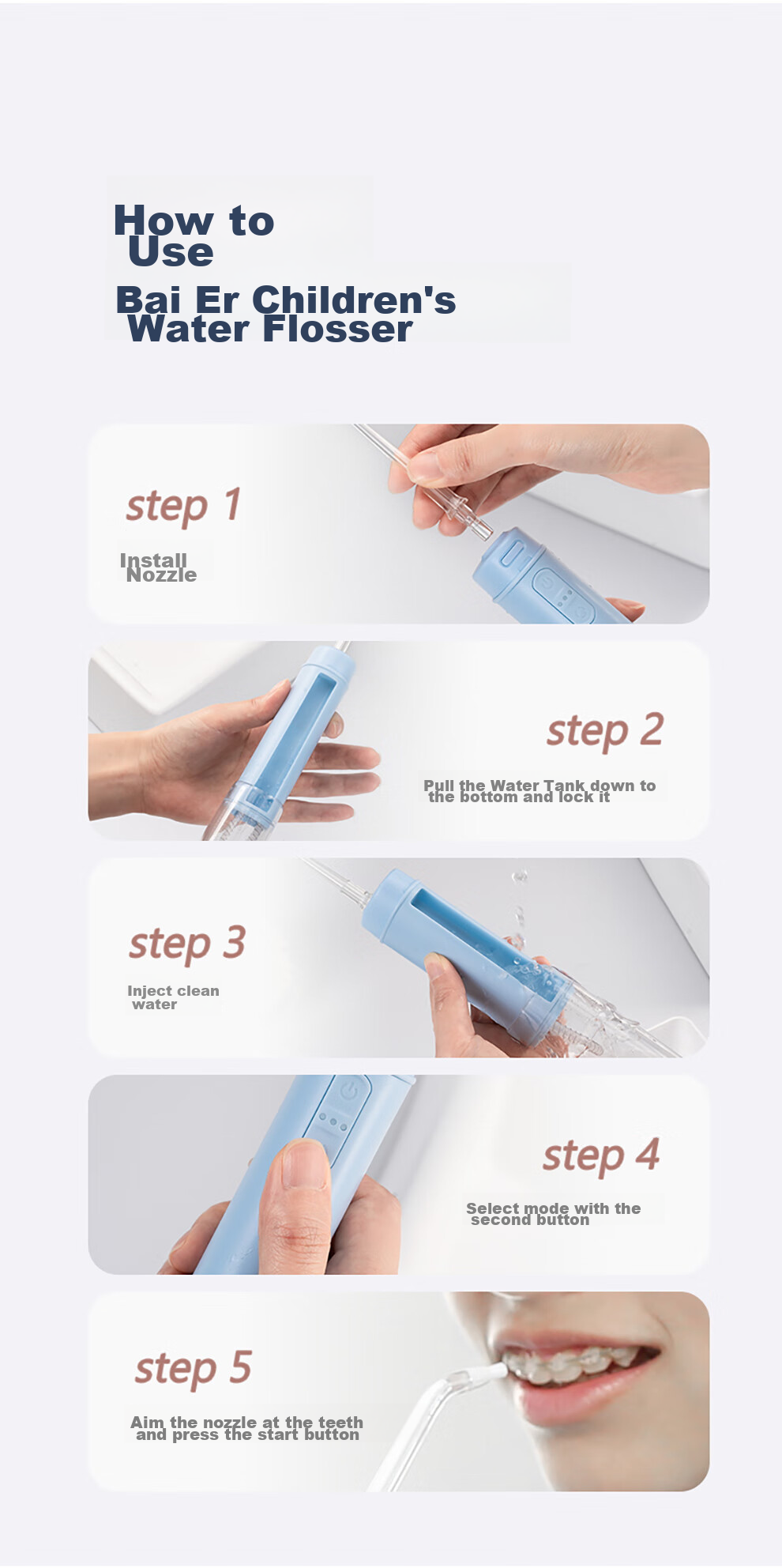 BAIR Children's Electric Oral Irrigator for Ages 6-10 Home Portable Orthodontic Teeth Cleaning Water Flosser for Kids V2k 13