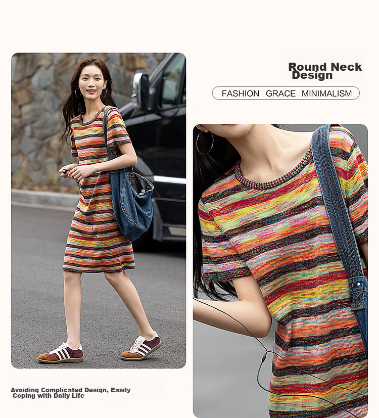 Dme [Gradient Rainbow Dress], Spring And Autumn Vintage Dopamine Stylish Round Neck A-Line Bodycon Comfortable Women's Dress 6