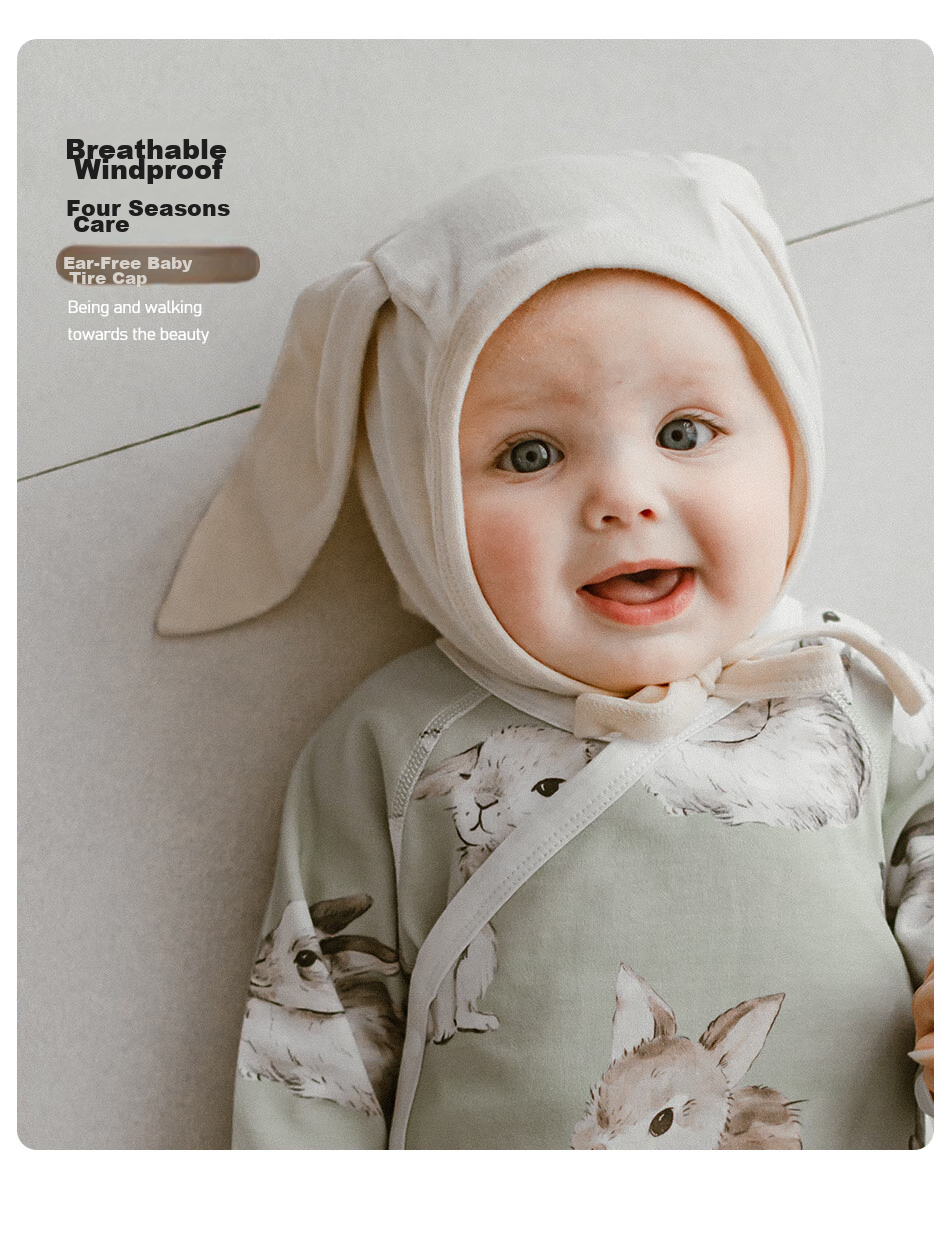 OAK FAMILY Newborn Baby Rabbit Ear Cap, Spring And Autumn Season, Pure Cotton Fontanelle Cap for Newborns, Children's Hat, 42cm 1