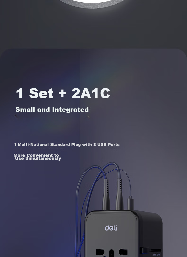 Deli 20W PD Fast Charging Global Travel Adapter/Converter Plug for Multiple Countries / Compatible with US, UK, Australia Standards / 1 to 1 Set + 2A1C Black LU5033 4