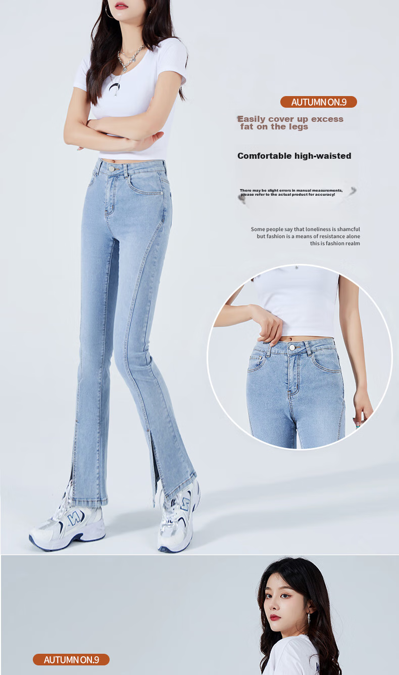 Langsha Micro Flare High-Waisted Slim-Fit Jeans for Women, Spring And Autumn Season, Butt-Lifting, Slimming, Side Slit, Flared Pants, Blue Casual Long Trousers 6