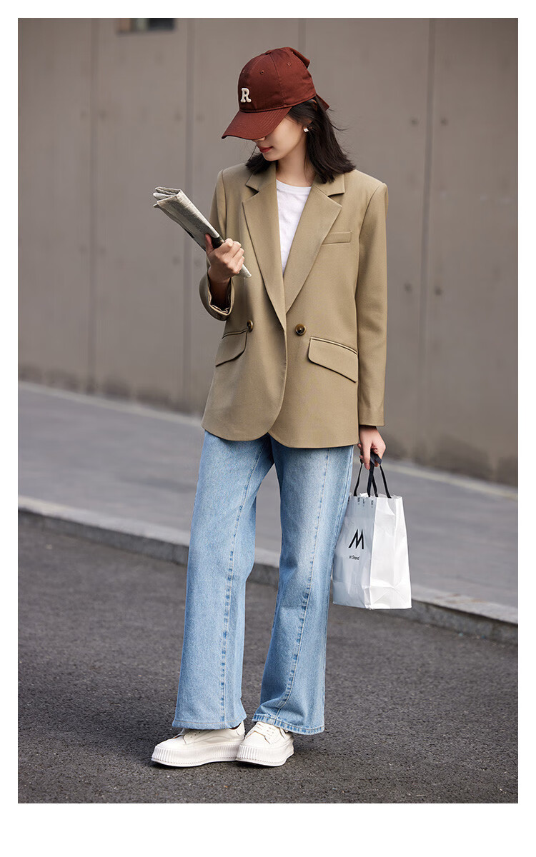 Dme [Turn-Down Collar Blazer] Spring Top, Curved Hem, Loose Suit Jacket for Women, Khaki, Size S 3