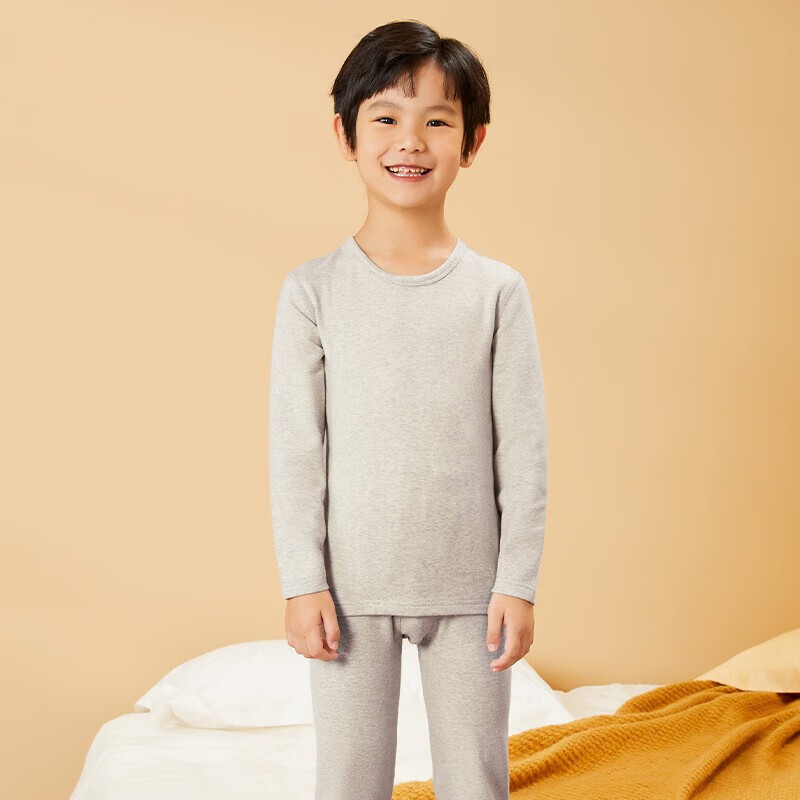 THREEGUN Children's Wear, Skin-Friendly Elastic Cotton Boys' Round Neck Long-Sleeve Underwear Set, 29405D0, Light Heather Gray, 110
