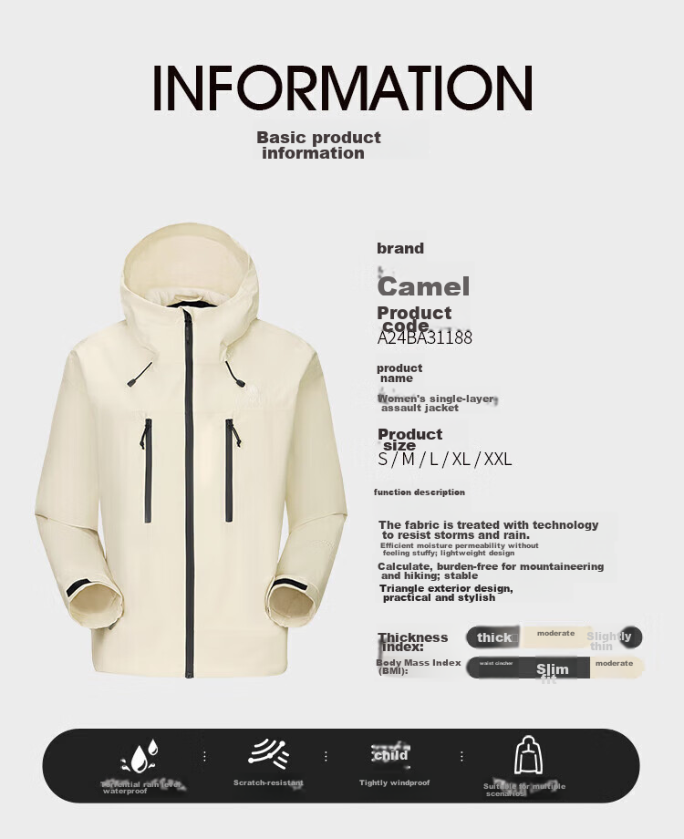 CAMEL Women's Hard Shell Single-Layer Waterproof Windproof Jacket New Outdoor Mountaineering Coat for Men 14