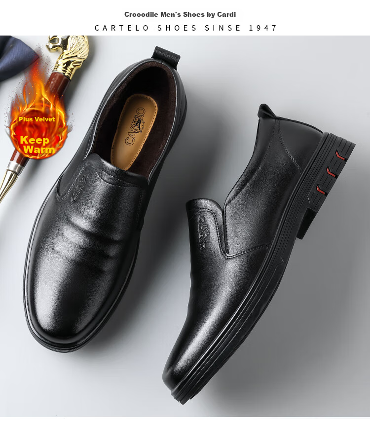 CARTELO British Business Casual Leather Shoes, Soft Sole, Breathable Upper, Slip-On Loafers, Men's Leather Shoes, 9899 Black, Size 40 3