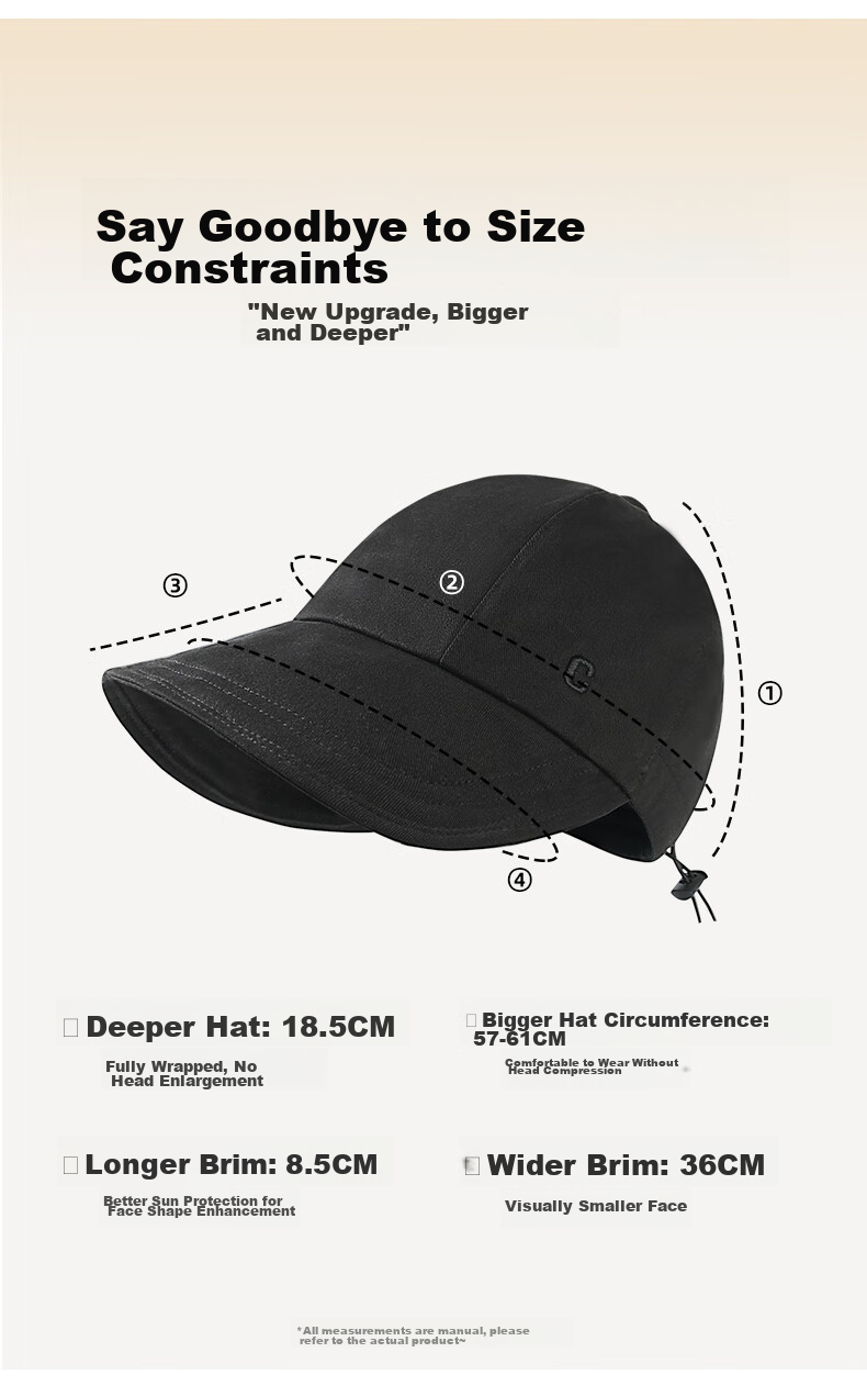 CACUSS Women's Summer Foldable Fisherman Hat Outdoor Sun Protection Large Head Circumference Mountaineering Sun Hat Slim Face Black Medium 3