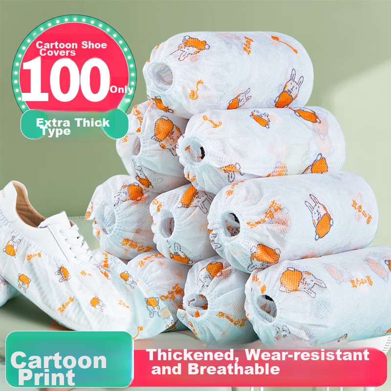 YOUAO Disposable Shoe Covers, 100-Pack, Thick Non-Woven Cartoon Shoe Covers, Wear-Resistant, Non-Slip, One Size Fits All