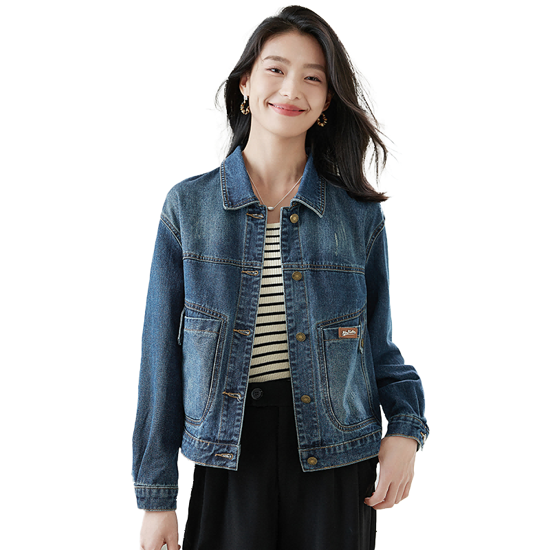 Chushen Spring Autumn Denim Short Jacket Women Turn-down Collar Pocket Vintage Niche Versatile Fashion Top S143U5005
