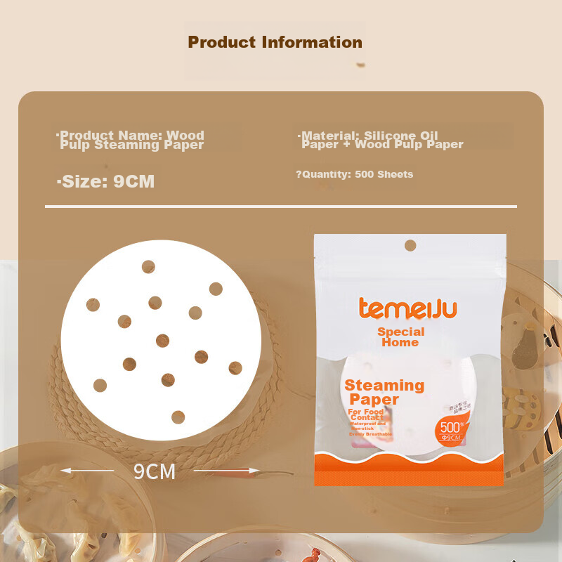 Temeiju Disposable Round Steamer Paper 9cm 500 Sheets Non-Stick Drawer Liner for Home Use Steamer Paper for Dumplings, Buns, Mantou, Breakfast