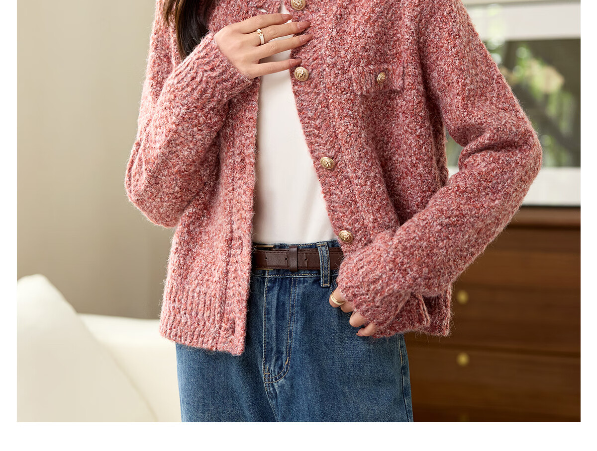 PinCai Women's Knitted Cardigan New Year Battle Robe Little Chanel Style Soft Wool Crew Neck Sweater P144U4016 16