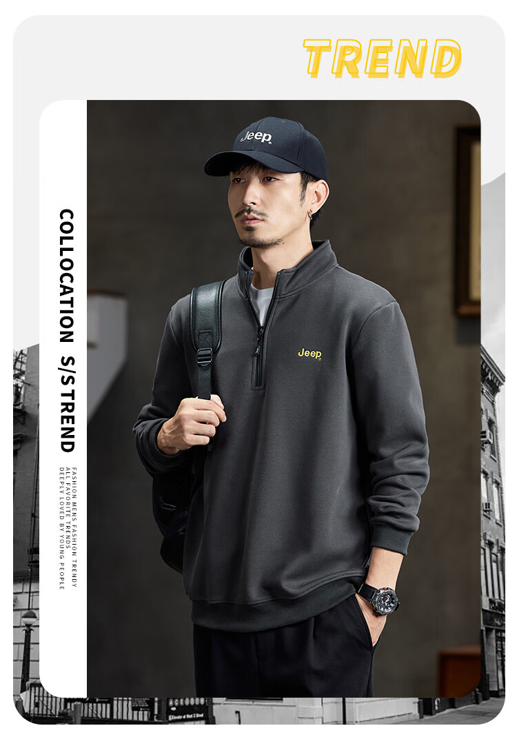 JEEP High-End Stand-Collar Sweatshirt for Men, Spring And Autumn 2026, Loose-Fitting Sports Polo Shirt with Collar, Long-Sleeve T-Shirt Top for Me 1
